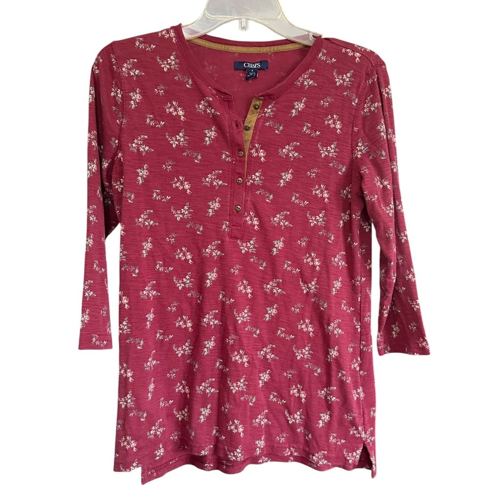 Chaps Ralph Lauren Womens Burgundy Floral Slub Knit Henley Top 3/4 Sleeve Sz M